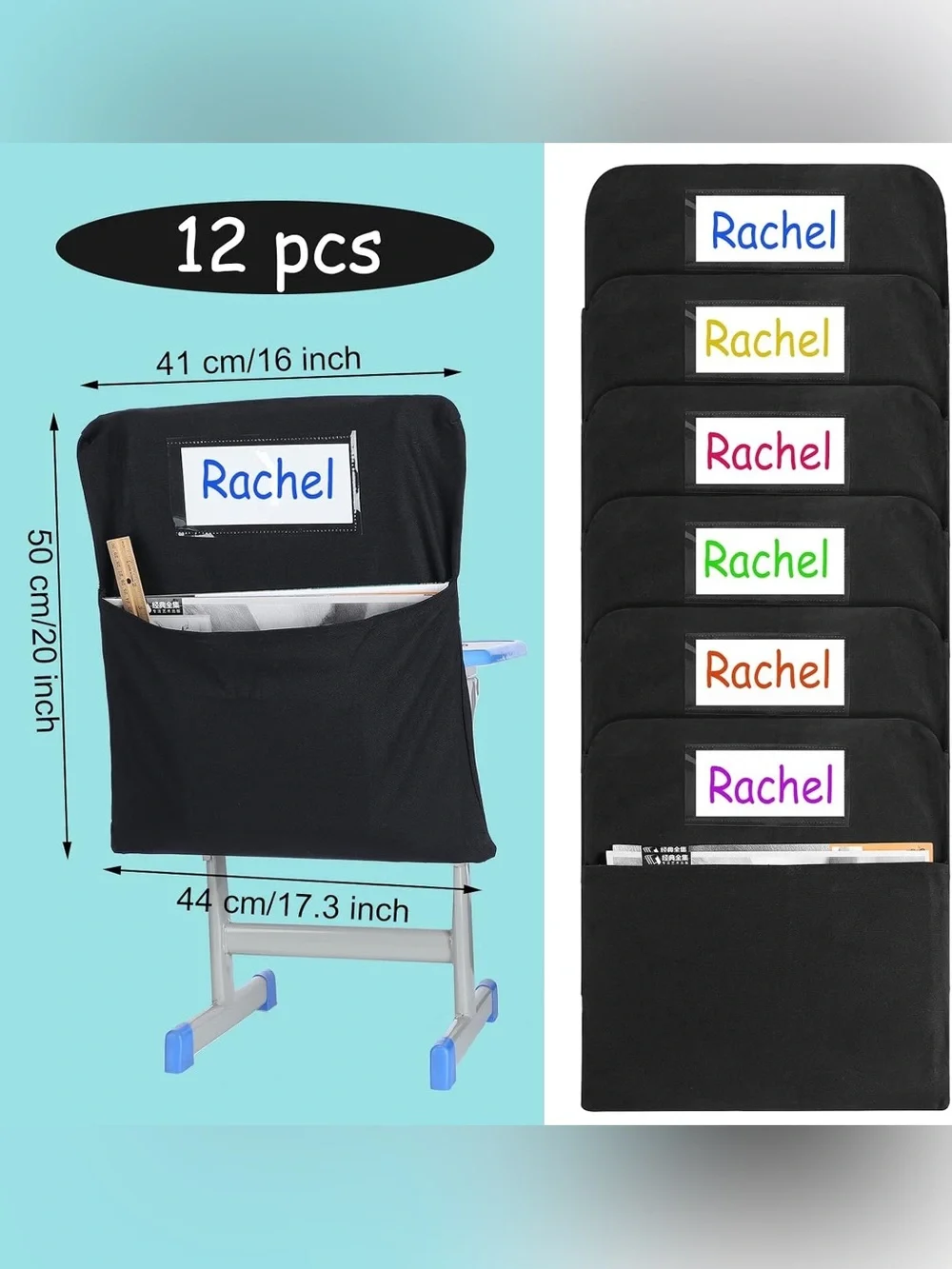 (New) Heavy Duty Canvas Black Chair Back Organizers w/ Label Pockets (Set of 12)
